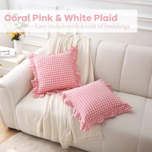2 Pack Coral Pink Gingham Ruffle Throw Pillow Covers 18''x18'' - Image 2