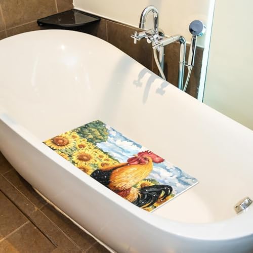Bathtub Mat Non Slip 26.8x15.1 Inch, Sunflowers Rooster Shower Mat - Image 5
