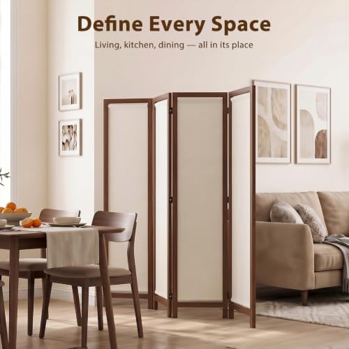 Wood Room Divider Panel with Linen Fabric, Boho Folding Privacy Screen 67" - Image 5