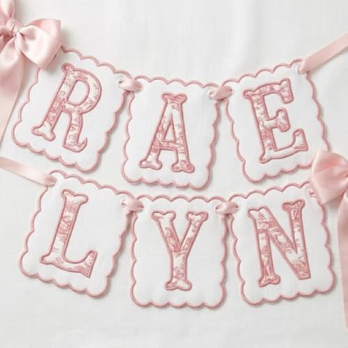 Custom Embroidered Baby Banner, Personalized Baby Name Banner, Scallopped Bow - Image 4