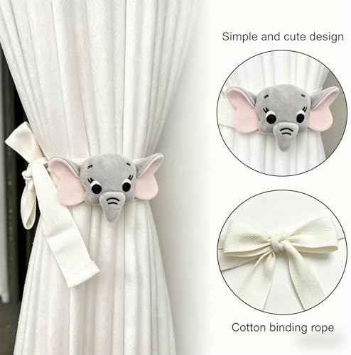 2 Pack Cartoon Grey Elephant Curtain Tiebacks, Cute Embroidered Curtain - Image 2