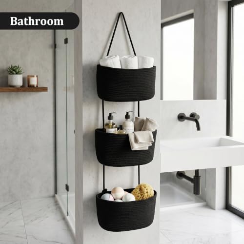 TeoKJ Over the Door Hanging Basket, 3-Tier Woven Cotton Wall-Mounted Storage - Image 6