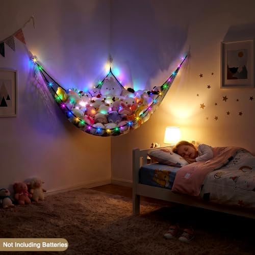 Stuffed Animals Hammock with LED Light Toy Net Room Decor Corner Storage - Image 3