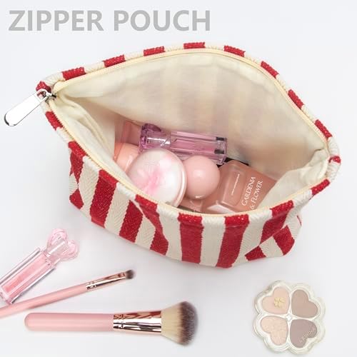 Flat Makeup Bag for Women, Zipper Cosmetic Pouch for Purse, Stripe Red - Image 3