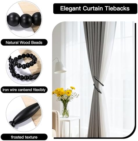 Wood Bead Curtain Tiebacks 2 Pack, No Drill Curtain Holdbacks - Image 3