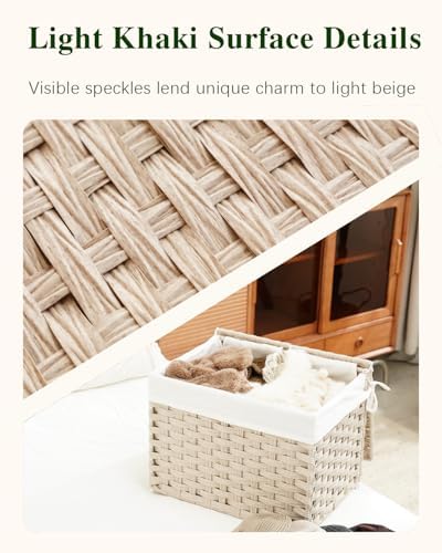 SETVSON Storage Basket with Lid, 2-Lid PE Rattan Storage Bin, Light Khaki - Image 3