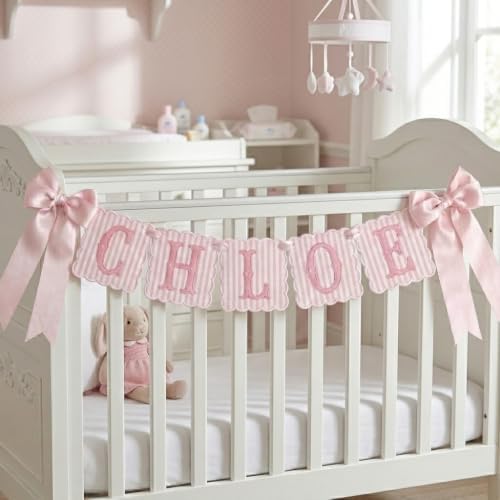 Custom Embroidered Baby Banner, Personalized Baby Name Banner, Scallopped Bow - Image 3