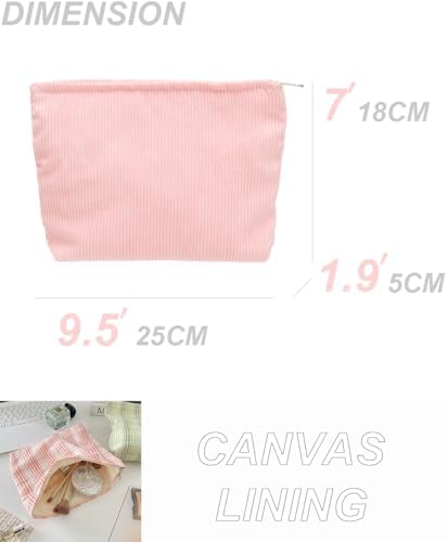 Flat Makeup Bag for Women, Zipper Cosmetic Pouch Purse, Corduroy Cute Pink - Image 4