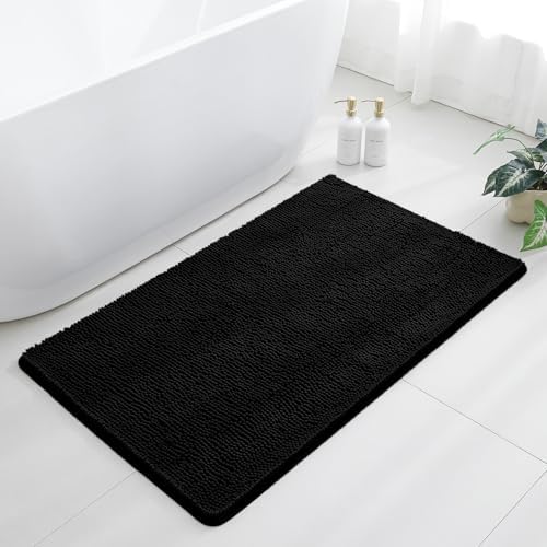 Chenille Bathroom Rug 30"x50" Black, Large Plush Bath Mat by Kildoss