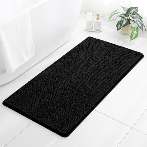 Chenille Bathroom Rug 26"x44" Black, Non-Slip Plush Bath Mat by Kildoss
