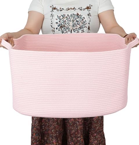 XUANGUO Large Rectangle Woven Cotton Rope Blanket Basket 22"x17"x12" Pink by XUANGUO