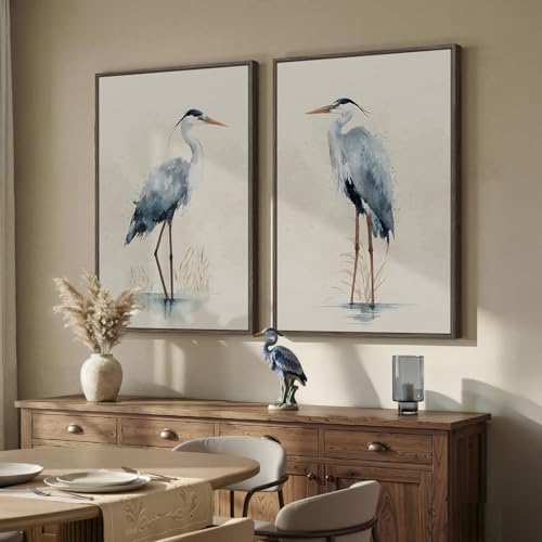 Large Framed Vintage Neutral Blue Heron Bird Wall Art, 2 Piece 24x36 In - Image 4