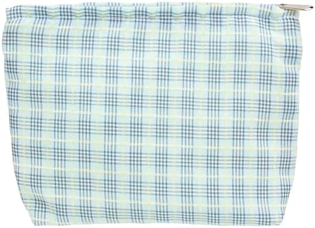 Flat Makeup Bag for Women, Zipper Cosmetic Pouch for Purse, Plaid Blue by PAZIMIIK