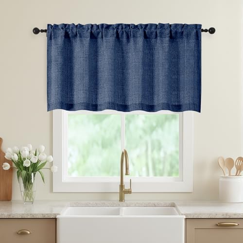 Navy Blue Valances for Windows, Light Filtering Faux Linen Textured Small Short by WelvetBLK