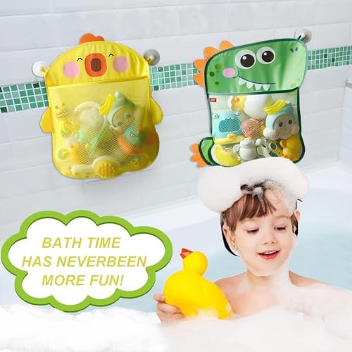 2 Pack Mesh Bath Toy Organizer, Anberky Cute Duck & Dinosaur Bath Toy Storage - Image 2