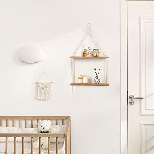 Mkono Macrame Hanging Shelf 2 Tier Boho Wall Room Decor - Image 2