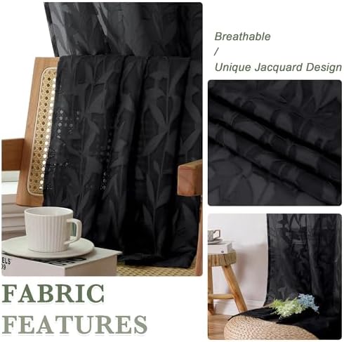 Lecloud Leia Black Sheer Curtains 90 Inches Long 2 Panels, Airy Leaf Textured - Image 3