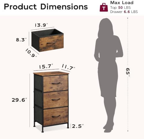 WLIVE Small Dresser Nightstand for Bedroom, 3 Drawers, Rustic Brown - Image 3