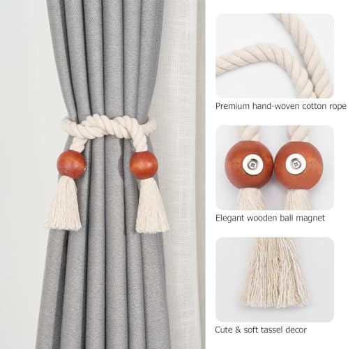 NICEEC 2 Pack Wooden Ball Magnetic Curtain Tiebacks Boho Home Decor Drape Tie - Image 3