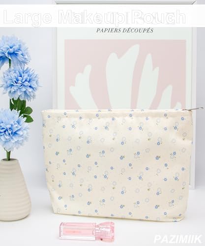 Flat Makeup Bag for Women, Zipper Cosmetic Pouch for Purse, Floral Blue - Image 5
