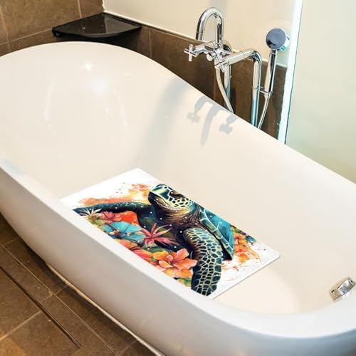 Bathtub Mat Non Slip 26.8x15.1In, Watercolor Turtle Flower Bath Mat - Image 5