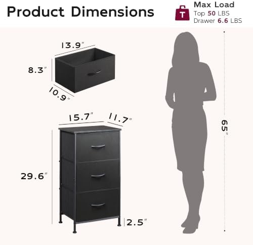 WLIVE Small Dresser Nightstand for Bedroom, 3 Drawers, Charcoal Black - Image 3