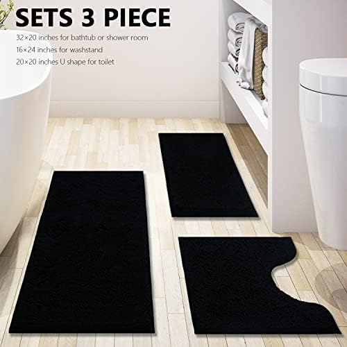 Black Bathroom Rug Chenille 3-Piece Extra Soft and Absorbent Shag Bathroom Rugs - Image 3