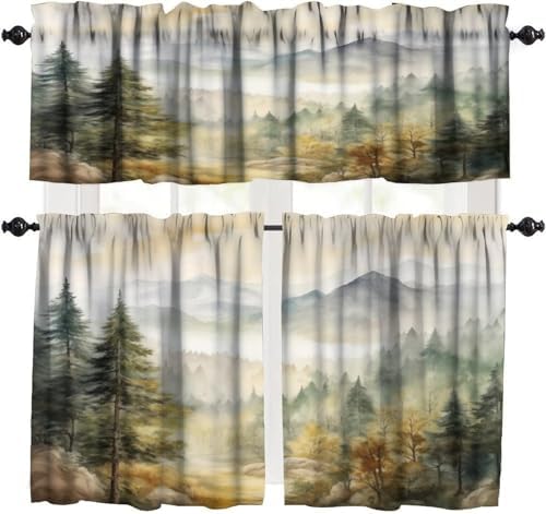 Forest Valance Curtain for Kitchen, Window Treatment Watercolor Mountain Forest by LOMADIA