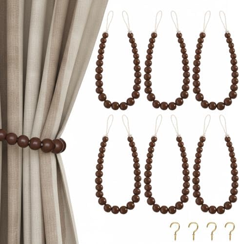 Hion 6 Pcs Boho Curtain Tiebacks, Wood Beads Curtain Holdbacks, Outdoor by Hion