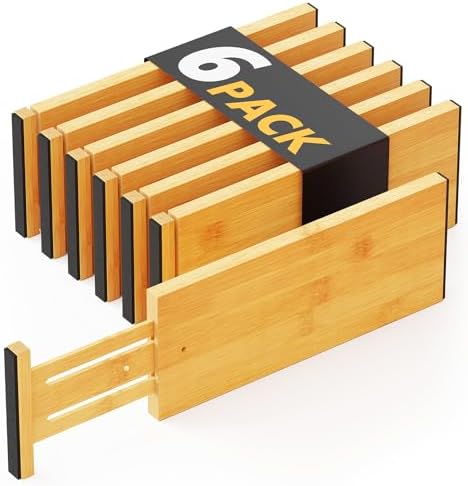 SpaceAid Bamboo Dresser Drawer Dividers 6 Pack, 4.65“ High Adjustable 12.5“-17” by SpaceAid