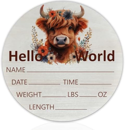Highland Cow Baby Announcement Sign, Wooden Nursery Name Plaque 6in by Unknown
