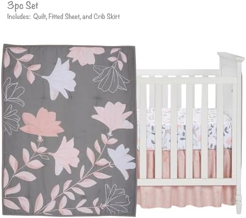 Lambs & Ivy Petals Gray/Pink Sateen Cotton Floral 3-Piece Baby Crib Bedding Set - Image 2