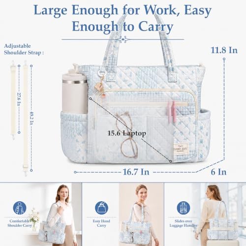 WOBAGMEN Teacher Tote Bag for Women, Quilted Floral Laptop Work Tote - Image 4