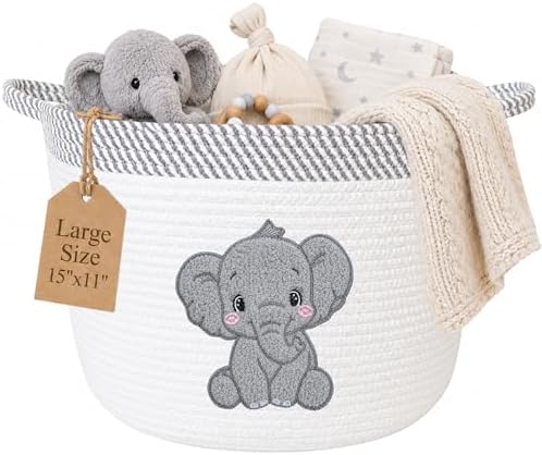Elephant Baby Storage Basket, Woven Cotton Rope Nursery Bin, 15x11 in by KeminaBlankets