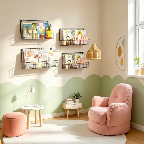 X-cosrack 4-Pack Wall Mounted Metal Kids Bookshelf, Floating Book Shelves - Image 5