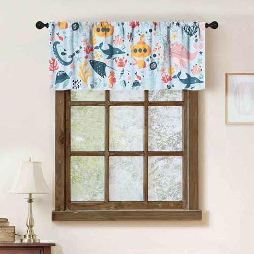 Blue Kids Curtains Valance, Cartoon Underwater Animals Sharks Turtles Nature - Image 2