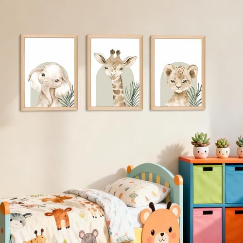 Framed Cute Animal Wall Art Nursery Decor Set of 3, Watercolor Elephant Giraffe - Image 2