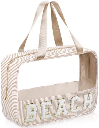 Sanwuta Seersucker Beach Bag Chenille Letter Clear Sunscreen Makeup Bag by Sanwuta