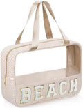 Sanwuta Seersucker Beach Bag Chenille Letter Clear Sunscreen Makeup Bag by Sanwuta