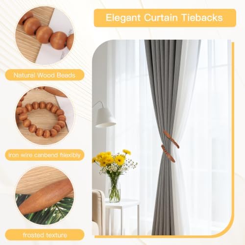 Wood Bead Curtain Tiebacks 2 Pack, Boho Curtain Holdbacks - Image 4