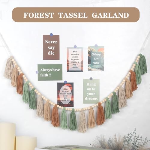 Sage Green Brown Boho Yarn Wood Bead Tassel Garland Wall Hanging Decor Neutral - Image 2