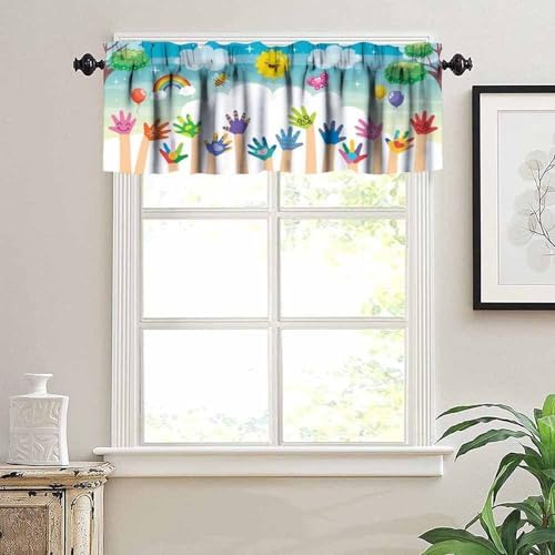 Cartoon Valances Curtains Kids Handprint Bees Sun Rainbow Pattern Window - Image 5