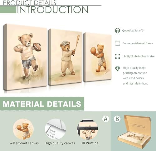 Bear Rugby Sports Nursery Canvas Wall Art Set of 3 - Image 5