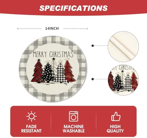 Artoid Mode Watercolor Grey Buffalo Plaid Christmas Trees Round Placemats Set - Image 6