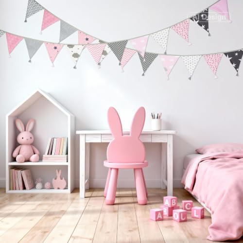 G2PLUS 10.8Ft Cotton Triangle Bunting Banner – 12pcs Pink and Grey Fabric - Image 4