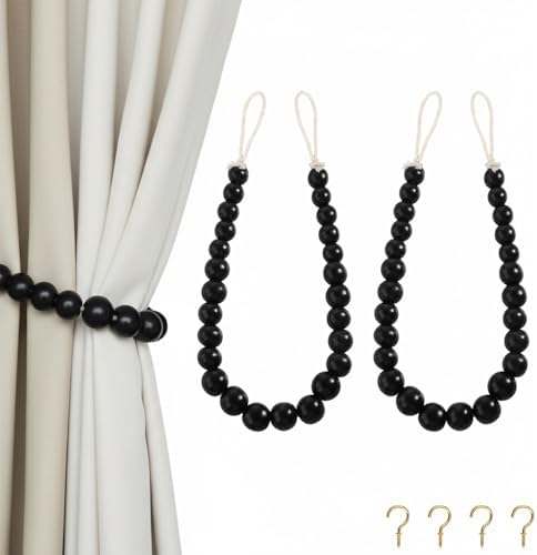 Hion 2 Pcs Boho Curtain Tiebacks, Wood Beads Curtain Holdbacks, Outdoor by Hion