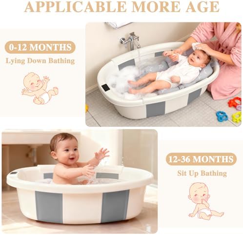 Baby Bathtub, Baby Tub with Thermometer & Soft Cushion, Collapsible Baby - Image 4
