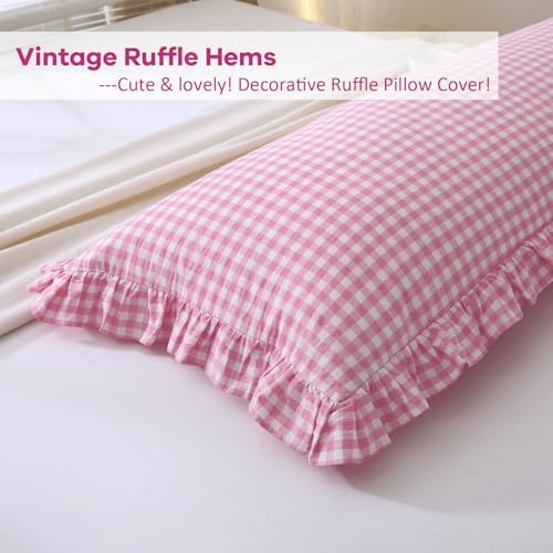 Pink White Gingham Ruffle Body Pillow Cover 20"x54" - Image 4