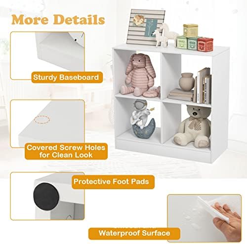 Costzon Toy Organizers and Storage, Wooden White 4-Cube Kids Bookcase - Image 6