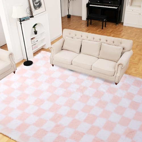 Super Soft Rug for Bedroom, 5x8 Ft Pink and White Area Rug Classic Checkered - Image 2